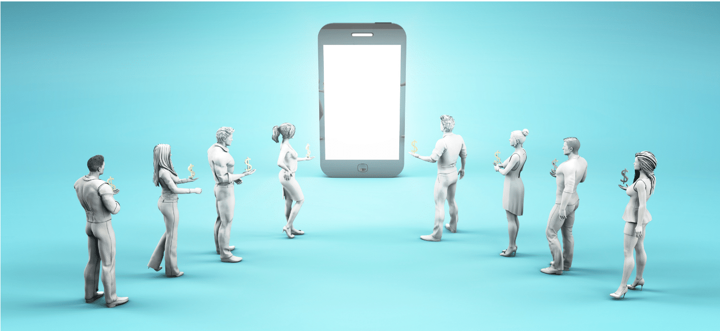 a series of people looking at a giant person sized birght cellphone screen. The screen appears blank due to its brightness.